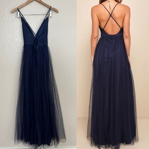 NWOT Rare Beauty Navy Blue Tulle Backless Maxi Dress - Picture 3 of 10
